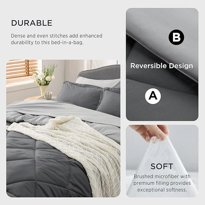 Bedsure Dark Grey Twin Comforter Set - 5 Pieces Reversible Twin Bed in a Bag for College, Extra Long Twin Bed Set Dark Grey with Comforters, Sheets, Pillowcase & Sham