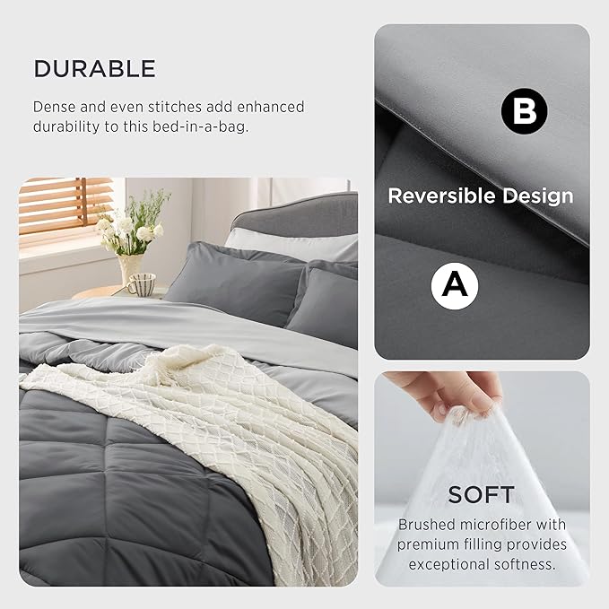 Bedsure Dark Grey Full Size Comforter Set - 7 Pieces Reversible Full Bed in a Bag, Full Bed Set Dark Grey with Comforters, Sheets, Pillowcases & Shams