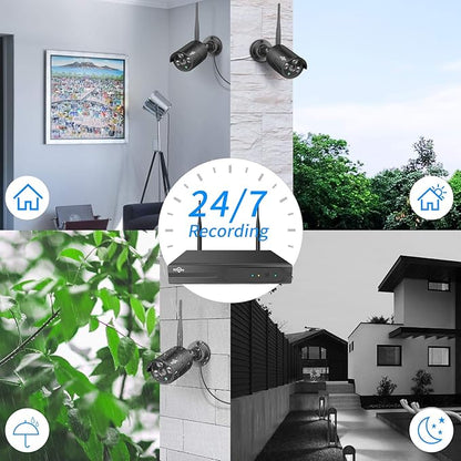 Hiseeu Black Wireless Security Camera System, 10CH 4K NVR 8Pcs Outdoor/Indoor WiFi Surveillance Camera 5MP with Night Vision, Waterproof, Motion, 1-Way Audio, Remote Access, 3TB HDD, DC12V Power Cord