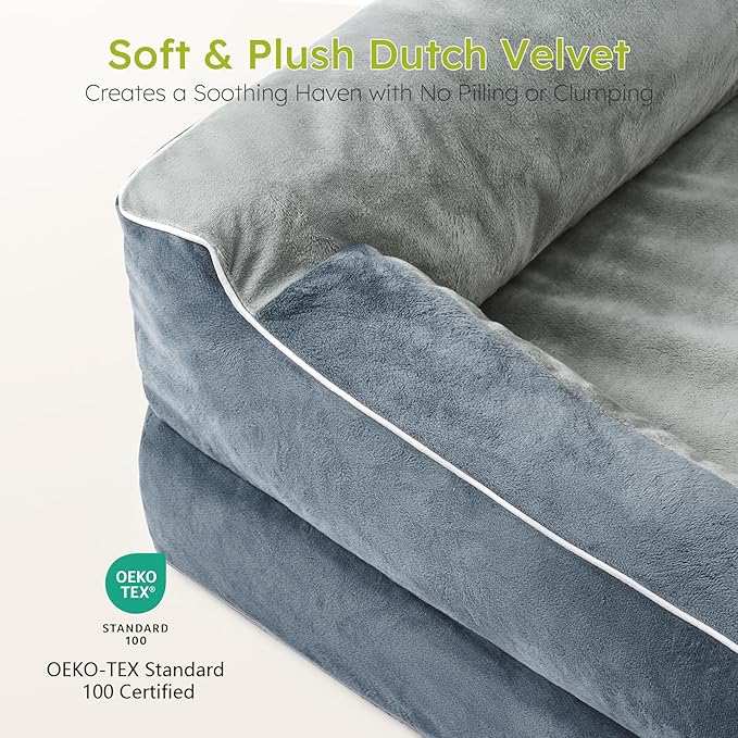 Large Dog Bed, Orthopedic with Cooling Gel Memory Foam, Waterproof with Removable Washable Cover, 36" Dog Sofa Couch Dutch Velvet with Bone Toy, Dark Gray