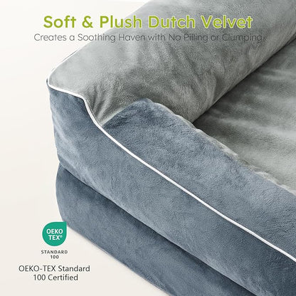 Large Dog Bed, Orthopedic with Cooling Gel Memory Foam, Waterproof with Removable Washable Cover, 36" Dog Sofa Couch Dutch Velvet with Bone Toy, Dark Gray