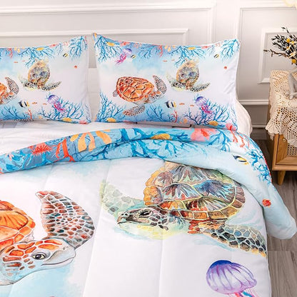 CVHOUSE Sea Turtle Comforter Set,Ocean Watercolor Sea Turtle Bedding Set for Kids Teens,Ocean Sea Turtle Comforter Sea Turtle Duvet Set Room Decor Quilt Set Twin Size