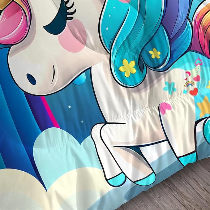 Unicorn Bedding Twin for Girls Rainbow Comforter Set for Kids Children Boys Teens Cartoon Unicorn Colorful Starry Blue Glitter Quilt 1 Comforter + 1 Pillow Case