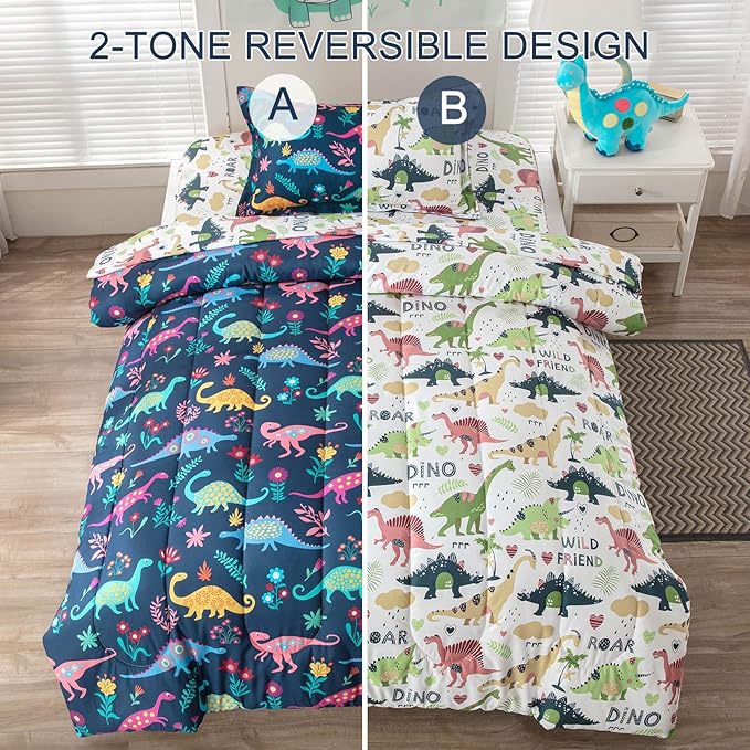 Dinosaur Twin Comforter Set for Boys Girls 4-Piece Dino Kids Bedding Sets Ultra Soft Cartoon Bedroom Set - Include Reversible Comforter, Flat Sheet, Fitted Sheet and Pillowcase, Blue