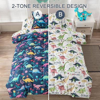 Dinosaur Twin Comforter Set for Boys Girls 4-Piece Dino Kids Bedding Sets Ultra Soft Cartoon Bedroom Set - Include Reversible Comforter, Flat Sheet, Fitted Sheet and Pillowcase, Blue