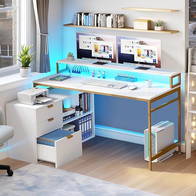 YITAHOME L Shaped Desk with Drawers, 55" Corner Computer Desk with Power Outlets & LED Lights, Large L-Shaped Office Desk with File Cabinet, White & Gold