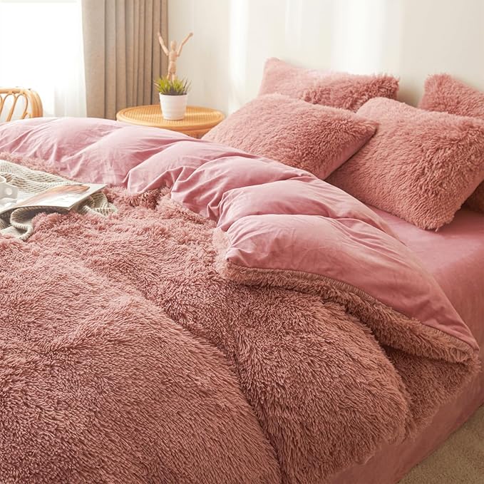 FOPPA Old Pink fluffy Comforter Cover Set king- Ultra Soft fluffy Old Pink Bedding Sets 3 Pieces (1 Duvet Cover + 2 Pillow case) Old Pink fluffy bed set (Old Pink, King)