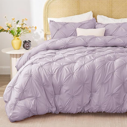 BEDELITE Light Purple King Size Comforter Set - 3 Pieces Boho Pintuck Bedding Comforter Sets, Lightweight Soft & Warm King Bedding Set with 2 Pillowcases for All Season