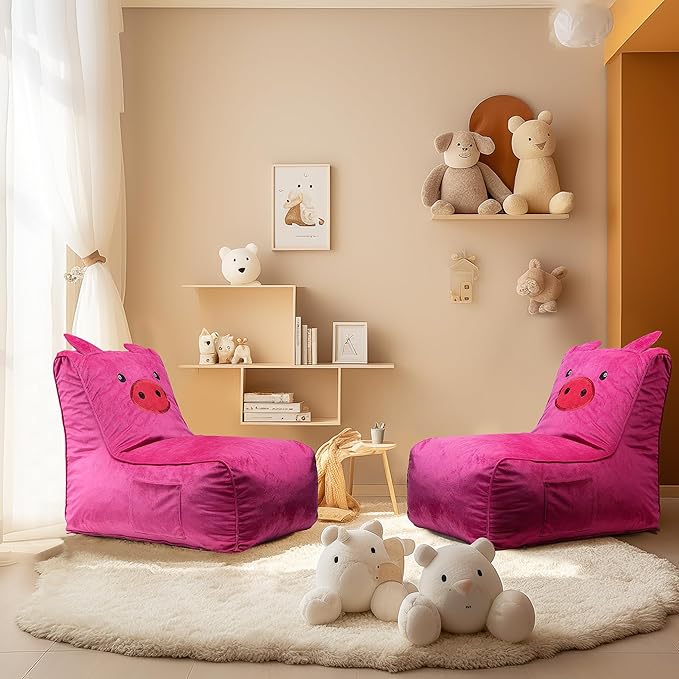 Bean Bag Chair for Kids, Cute Pig L-Shape Animal Bean Bag Sofa with Top Handles and Side Pockets, Cute Soft and Comfy Bean Bag Chair with Filler Included, Ages 1+ Children's Day Gifts