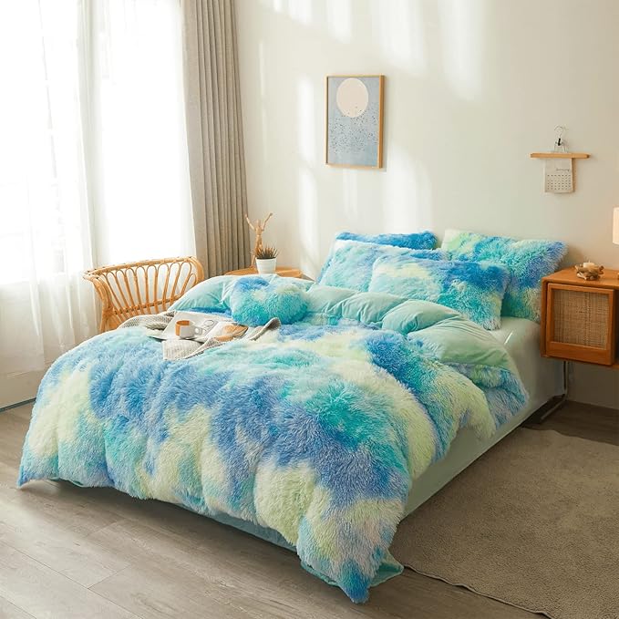 Tie dye Plush Fluffy Comforter Cover Set Queen - Ultra Soft Faux Fur tie dye Bedding Sets 3 Pieces (1 Shaggy Duvet Cover + 2 Pillow case) Fluffy Bed Set (Tie Dye Mint, Queen)