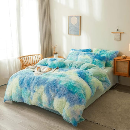 Tie dye Plush Fluffy Comforter Cover Set Queen - Ultra Soft Faux Fur tie dye Bedding Sets 3 Pieces (1 Shaggy Duvet Cover + 2 Pillow case) Fluffy Bed Set (Tie Dye Mint, Queen)