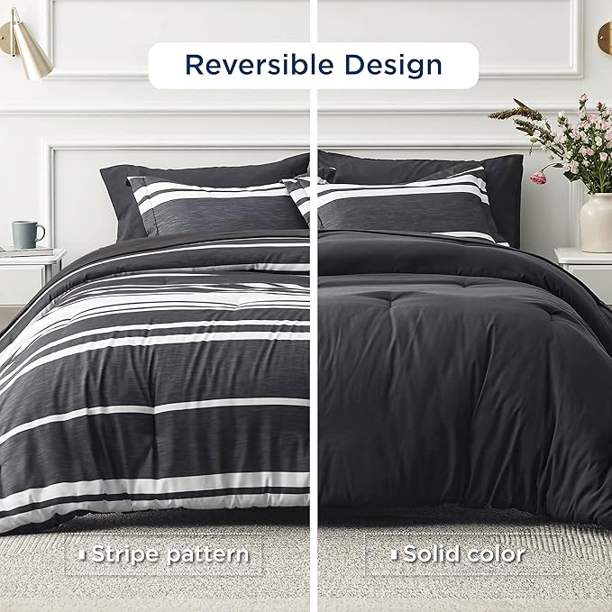 Bedsure Bed in a Bag Queen 7 Pieces, Black White Striped Bedding Comforter Sets All Season Bed Set, 2 Pillow Shams, Flat Sheet, Fitted Sheet and 2 Pillowcases