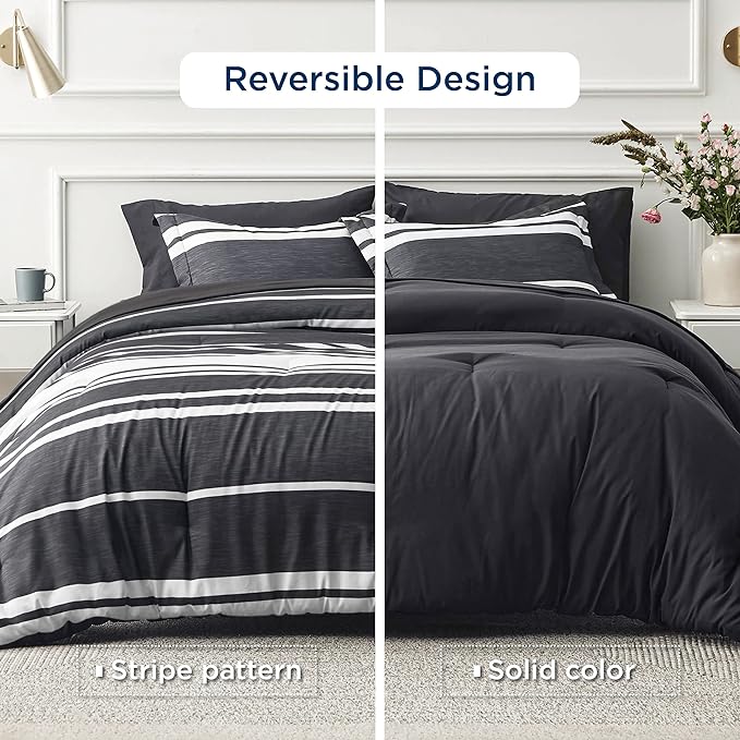 Bedsure Bed in a Bag Twin Size 5 Pieces, Black White Striped Bedding Comforter Sets All Season Bed Set with 1 Pillow Sham, Flat Sheet, Fitted Sheet and 1 Pillowcase