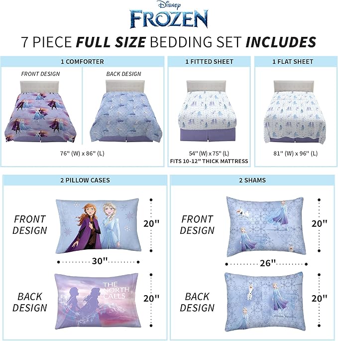 Disney Frozen 2 Kids Bedding Super Soft Comforter and Sheet Set with Sham, 7 Piece Full Size, "Official" Disney Product By Franco