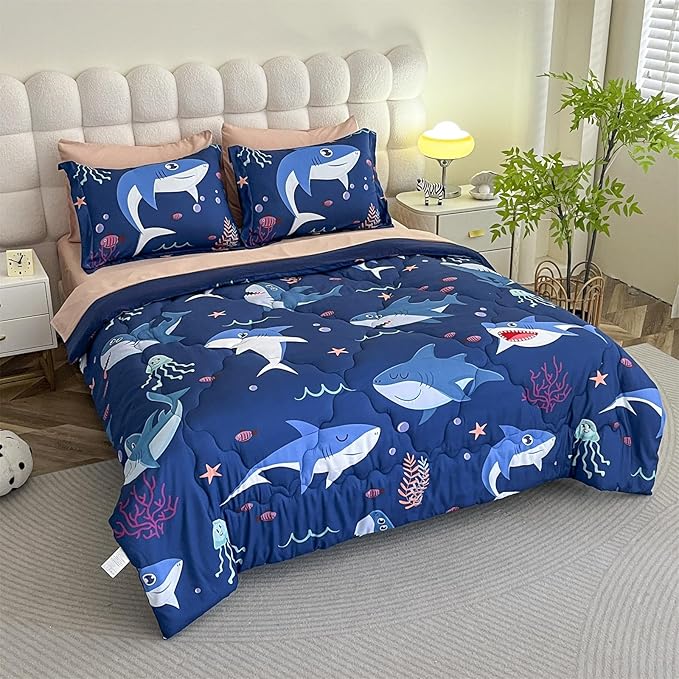 Boys Sharks Comforter Set Twin Size 7 Piece Cute Ocean Animal Jellyfish 3D Printed Bedding Set Bed in A Bag for Kids Girls Teens Lightweight Soft Bed Set All Seasons Navy Blue