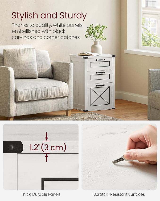 VASAGLE File Cabinet, Filing Cabinet with 3 Drawers, Printer Stand, Fit A4, Letter Size, Hanging File Folders, Modern Farmhouse Style, for Home Office, Study, Rustic White UOFC054T73