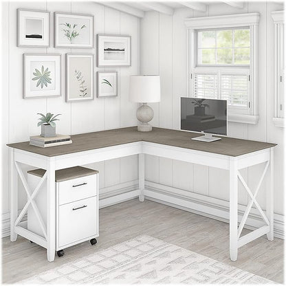 Bush Furniture Key West 60W L Shaped Desk with 2 Drawer Mobile File Cabinet in Pure White and Shiplap Gray