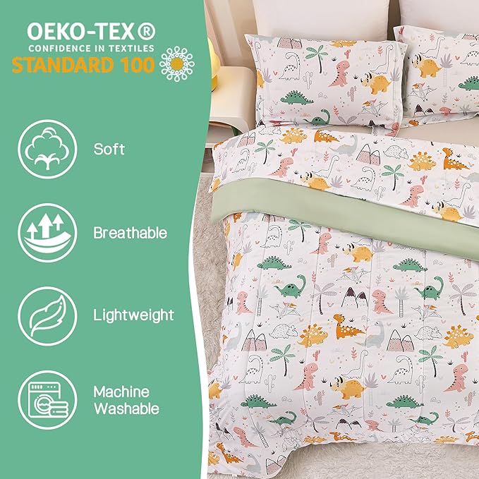 Dinosaur Kids Comforter Set for Boys Twin, Cute Reversible Quilted Dino Printed Bedding Set with Pillow Sham, Lightweight Soft Breathable Machine Washable Bed Set 2 Piece