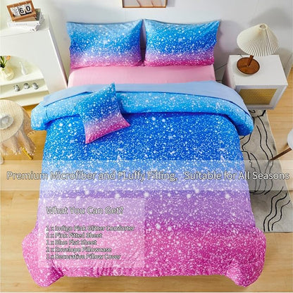 RYNGHIPY 6Pcs Sparkle Gradient Glitter Comforter Sets, Ombre Indigo Pink Gradient Bedding Set for Boys Girls, Rainbow Bed in A Bag Queen Size