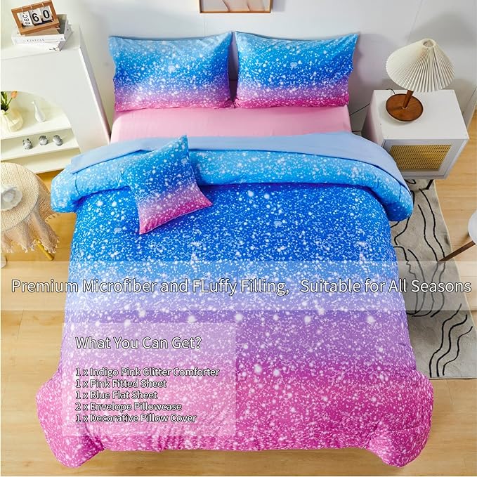 RYNGHIPY 6Pcs Sparkle Gradient Glitter Comforter Sets, Ombre Indigo Pink Gradient Bedding Set for Boys Girls, Rainbow Bed in A Bag Twin Size