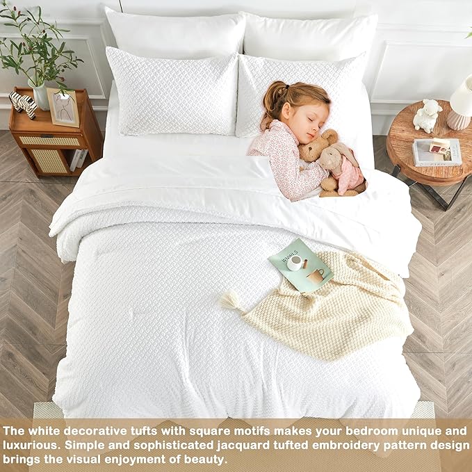 Queen Size Tufted Kids Comforter Set 7 Piece White Jacquard Tufts Embroidery Bedding Set for Boys Girls Bed in A Bag Quilt with 1 Comforter, 1 Flat Sheet, 1 Fitted Sheet, 2 Pillowcase, 2 Pillow Sham