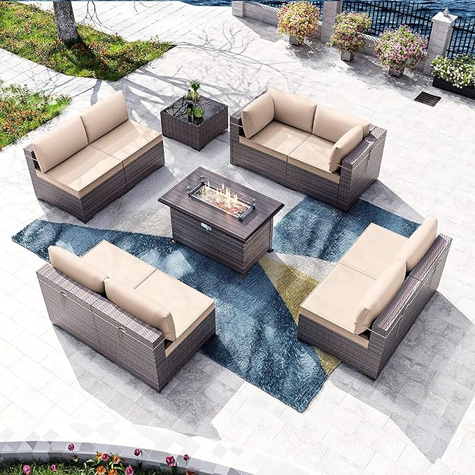 Kullavik 10 Pieces Outdoor Patio Furniture Set with 43" Gas Propane Fire Pit Table PE Wicker Rattan Sectional Sofa Patio Conversation Sets,Sand