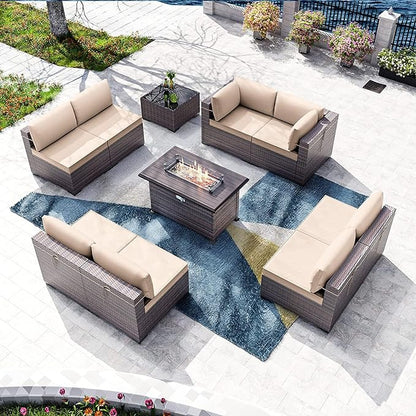 Kullavik 10 Pieces Outdoor Patio Furniture Set with 43" Gas Propane Fire Pit Table PE Wicker Rattan Sectional Sofa Patio Conversation Sets,Sand