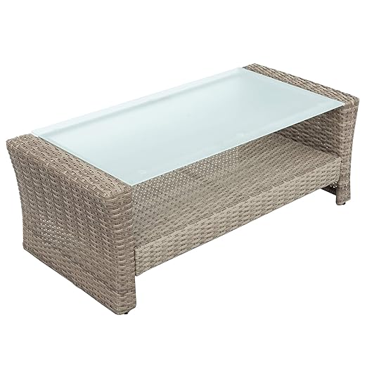 Set, 4 Piece Outdoor Wicker Rattan Sectional Sofa with Glass Table, Ottoman and Soft Cushions, Front Porch Apartment Patio Furniture for Backyard Lawn Garden, E-Beige b