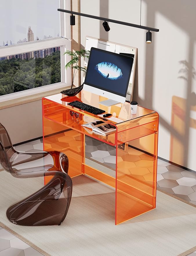 Acrylic Desk Laptop Workstation Study Table Home Office Console Table Entrance Table Decor (Orange)