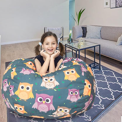 Stuffed Animal Storage Bean Bag Chair Cover, Hold Kids Plush Toys Blankets Towels Beanbag (Cover Only), Canvas Floor Circle Stuff Sit Seat Sofa with YKK Zipper, Extra Large 38", Owl