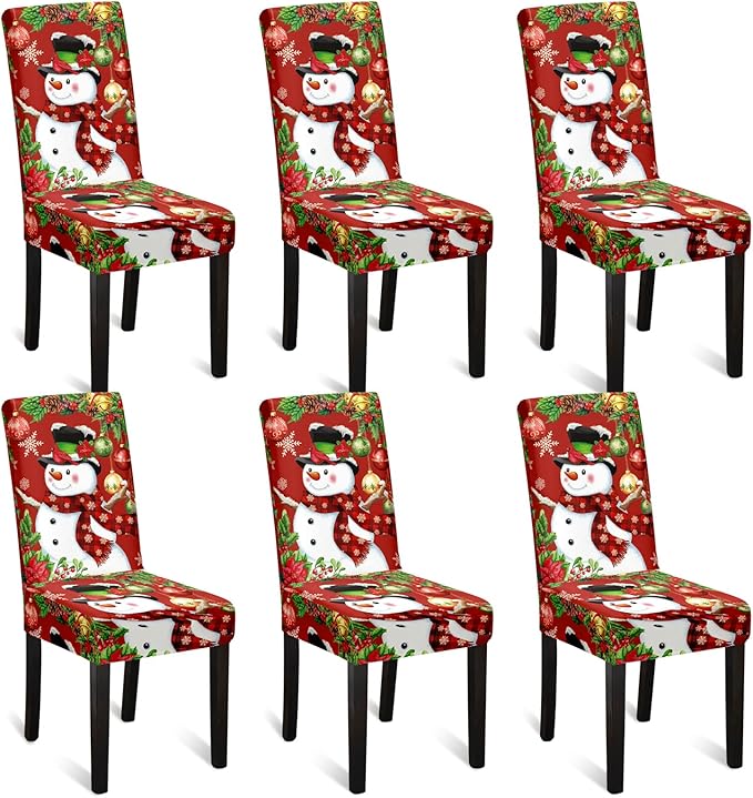 U'Artlines Christmas Chair Covers Set of 6, Removable Washable Merry Christmas Dining Chair Seat Covers Stretch Protector Slipcovers for Dining Room Kitchen Holiday Party Decor, Snowman