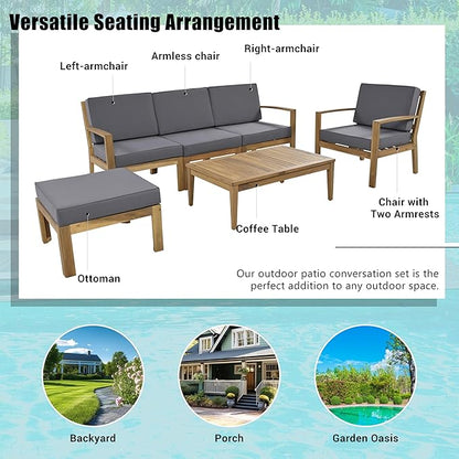 4 Piece Acacia Wood Patio Furniture L-Shaped Outdoor Sectional Sofa Coffee Table, FSC Certified Conversation Set w/Beige Cushions for Garden Backyard