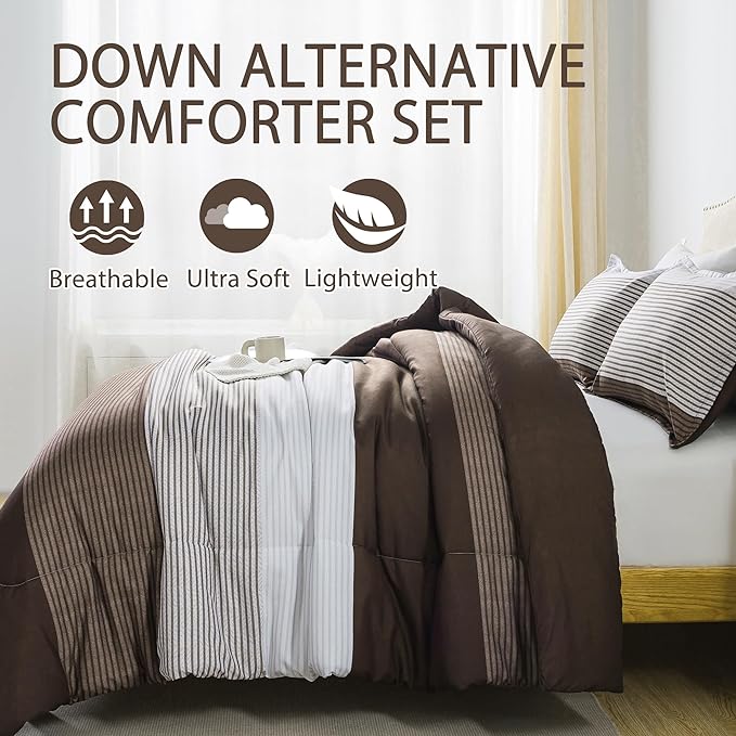 Andency Stripe Comforter Set Twin Size (66x90 Inch), 2 Pieces Brown Patchwork Striped Comforter, Soft Microfiber Down Alternative Comforter Bedding Set with Corner Loops