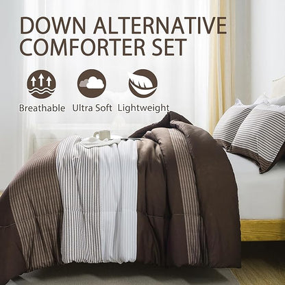 Andency Stripe Comforter Set Twin Size (66x90 Inch), 2 Pieces Brown Patchwork Striped Comforter, Soft Microfiber Down Alternative Comforter Bedding Set with Corner Loops