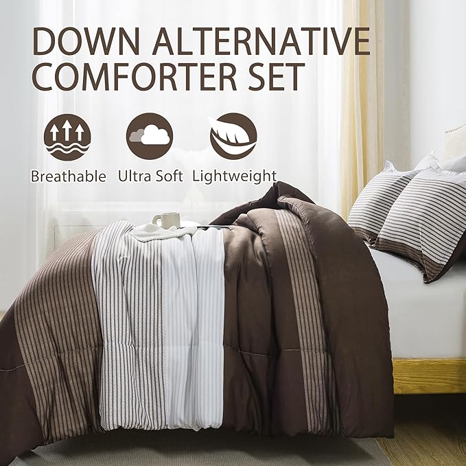 Andency Stripe Comforter Set Queen Size (90x90 Inch), 3 Pieces Brown Patchwork Striped Comforter, Soft Microfiber Down Alternative Comforter Bedding Set with Corner Loops
