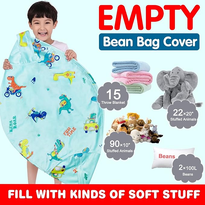 Lukeight Stuffed Animal Storage Bean Bag Chair Cover for Kids, Dinosaur Zipper Beanbag Chair Cover for Organizing Toddler & Kids' Rooms Plush Toys (Dino Blue, X-Large)