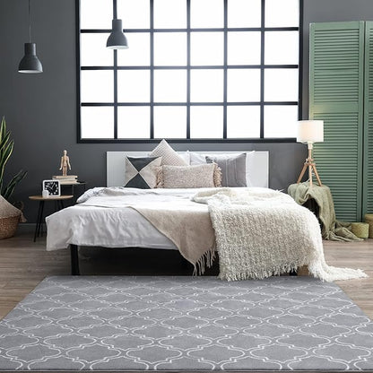 Chicrug Shag Geometric Modern Area Rug for Bedroom, 6x9 Feet Memory Foam Indoor Carpet, Fluffy Rug for Living room Bedside Room Decor for Family Girls Kids Nursery Play Mat, Grey/White