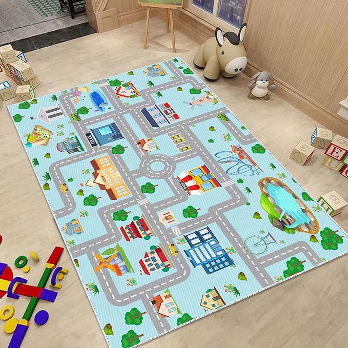 Kids Car Rug, 3' 3" x 5' 3" City Life Traffic Road Playmat for Toy Cars Trains, Non-Slip Race Track Carpet Educational Fun Area Rugs for Boy and Girl Bedroom Nursery