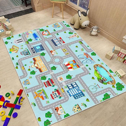 Kids Car Rug, 3' 3" x 5' 3" City Life Traffic Road Playmat for Toy Cars Trains, Non-Slip Race Track Carpet Educational Fun Area Rugs for Boy and Girl Bedroom Nursery