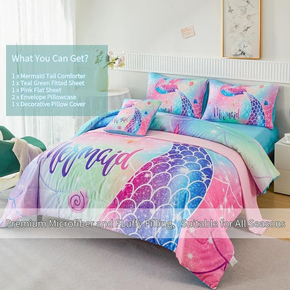 RYNGHIPY Mermaid Queen Girls Bedding Set, Colorful Rainbow Kids Girls Comforter Set with Sheets Soft and Lightweight, 6 Pieces Teen Girls Bed in a Bag