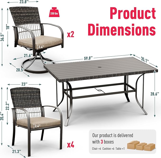 Pamapic 7 Piece Patio Dining Set for 6,Outdoor Wicker Furniture Set for Backyard Garden Deck Poolside with 4 Dining Chairs and 2 Swivel Rockers,Iron Slats Table Top, Removable Cushions(Beige)