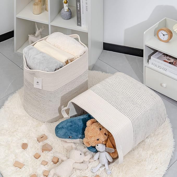 Extra Blanket,Storage Baskets for Clothes Fabric Cotton Rope Storage Basket with Handles, Decorative Woven Basket for Living Room,Laundry Basket Closet Organizer Blankets, and Toys 2bags