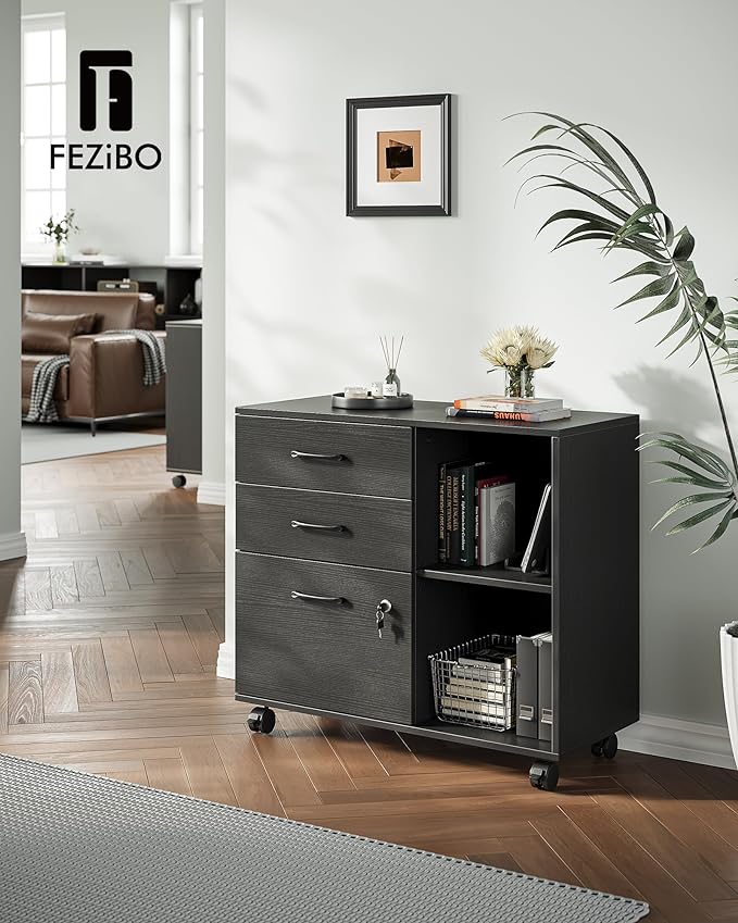 FEZIBO 3-Drawer Mobile File Cabinet, Lateral Filing Cabinet with Lock, Printer Stand with Open Storage Shelves for Home Office, Filing Cabinets for Home Office, Black
