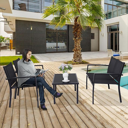 4 Pieces Patio Furniture Set Outdoor Garden Patio Conversation Sets Poolside Lawn Chairs with Tempered Glass Coffee Table Loveseat Porch Furniture Textilene Fabric Black
