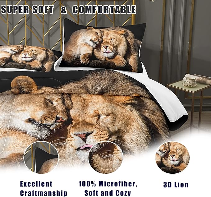 Bodhi Lover Couple Lion Comforter Set King Soft Microfiber Lion Bedding Set King Size Animal Comforter Set with Pillowcases,1 Comforter+2 Pillow Shams #4004