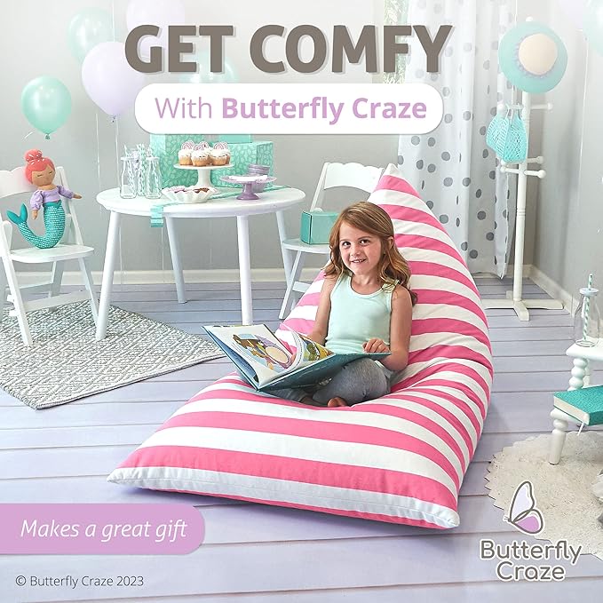 Butterfly Craze Bean Bag Chair Cover, Functional Toddler Toy Organizer, Fill with Stuffed Animals to Create a Jumbo, Comfy Floor Lounger for Boys or Girls, Stuffing Not Included, Light Pink Stripes