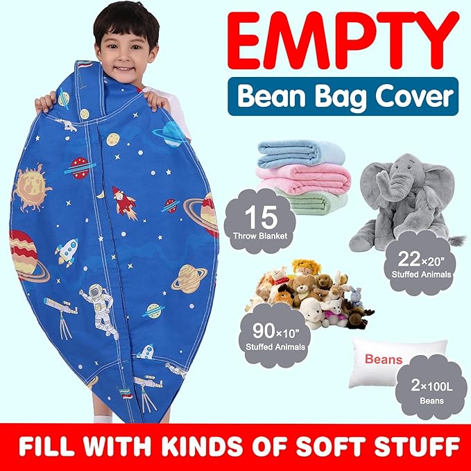 Lukeight Stuffed Animal Storage Bean Bag Chair Cover for Kids, Zipper Beanbag Chair Cover for Organizing Toddler & Kids' Rooms Plush Toys (Outer Space, X-Large)