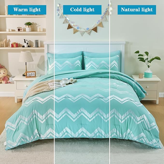 Wowelife 7 Pieces Comforter Set King Size Teal Silver Bedding Set Glitter Kids Bedding Set Blue Bed in a Bag Girls with Comforter, Flat Sheet, Fitted Sheet, 2 Pillow Shams and 2 Pillowcases
