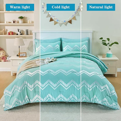 Wowelife 7 Pieces Comforter Set King Size Teal Silver Bedding Set Glitter Kids Bedding Set Blue Bed in a Bag Girls with Comforter, Flat Sheet, Fitted Sheet, 2 Pillow Shams and 2 Pillowcases