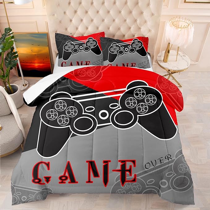 Gaming Bedding Sets for Boys Bedroom Soft Video Gamer Comforter Set Queen Size Black Red Game Controller Beddings for Kids Teens 1 Comforter and 2 Pillowcases